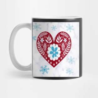 Winter Scandinavian Design, Teal & Red on White Background Cute Simple Nordic Heart and Snowflakes Mug